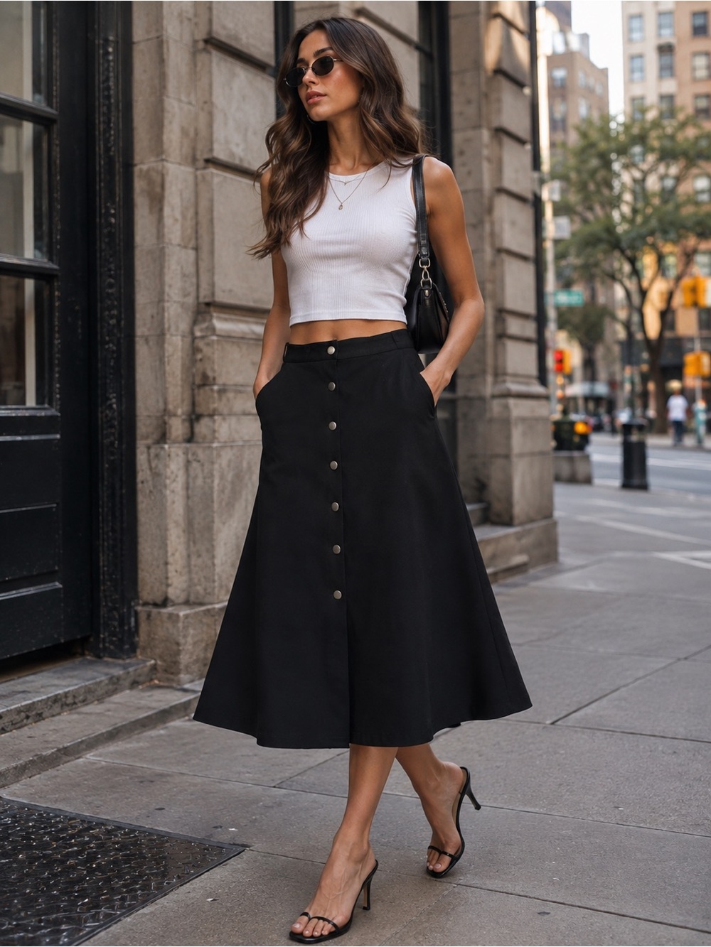 Black A-Line Midi Skirt XS Button Front 29.5” NY Collection